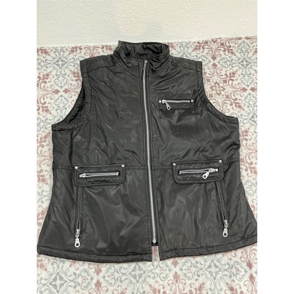 Highway Sport Mens Black Puffer Vest Zip Up Utility Multi Pocket Mock Neck L